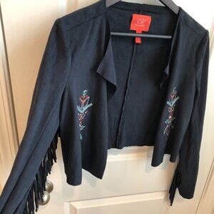 Chelsea & Violet Navy Faux Suede Fringe Embroidered 1970's Inspired Jacket Sz S